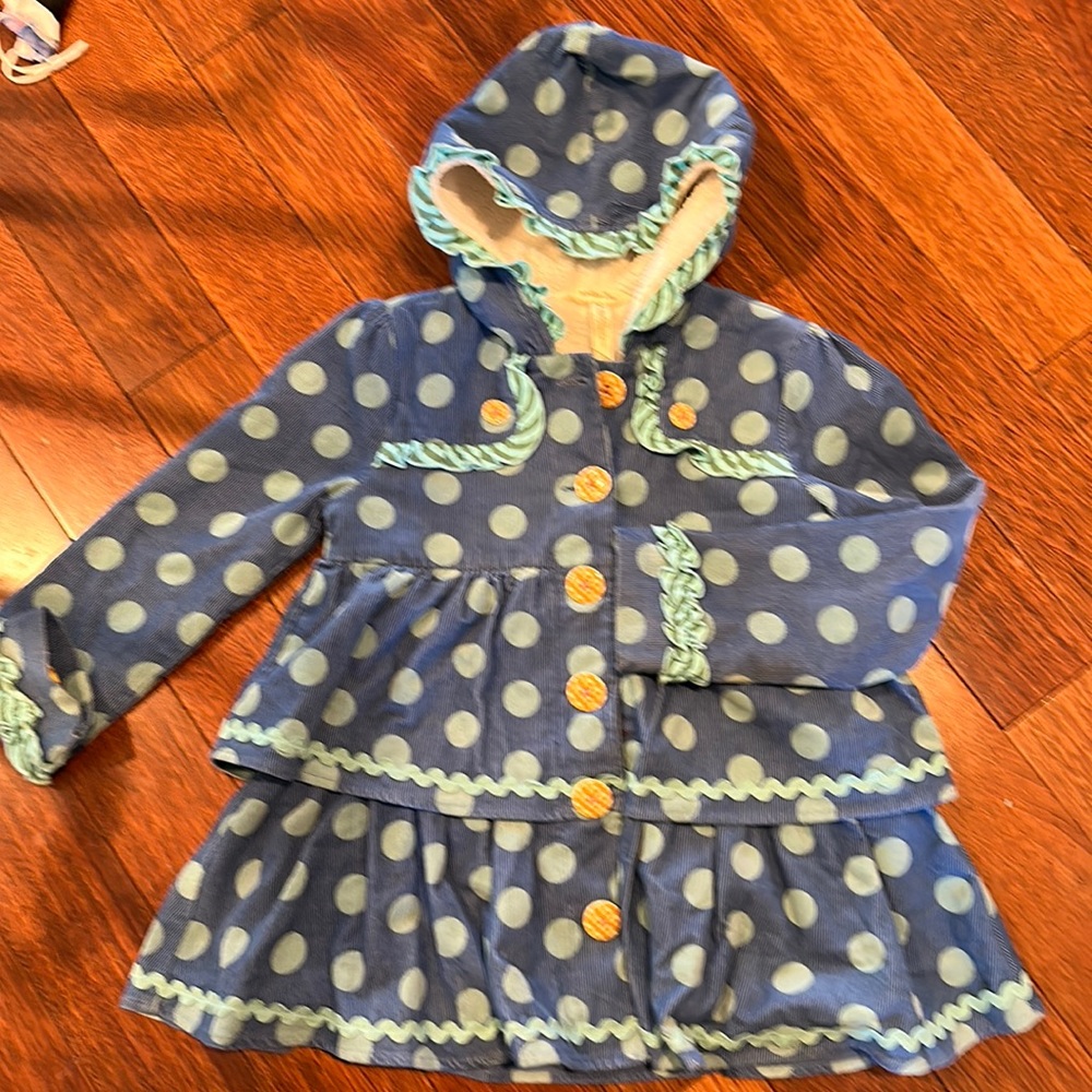 Matilda Jane adorable blue and green corduroy dot coat. Fleece lined. size 8